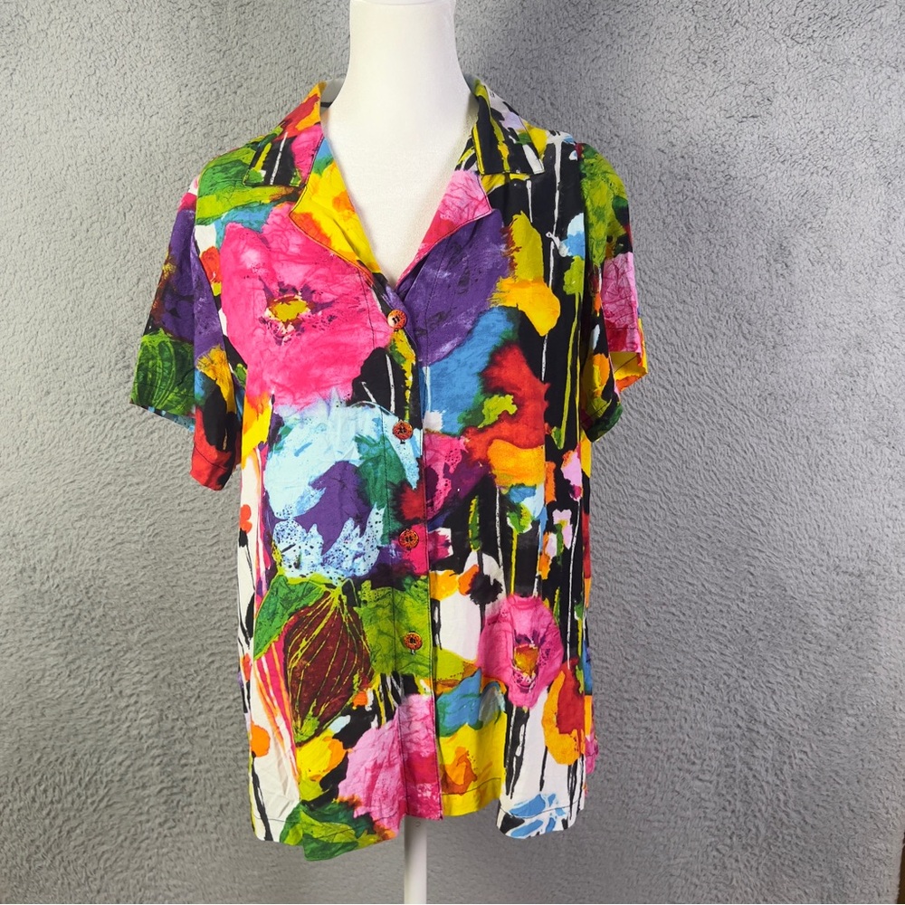Jams World Hawaiian Shirt Top Womens Small Bouquet Floral Hawaiian Button Rayon
